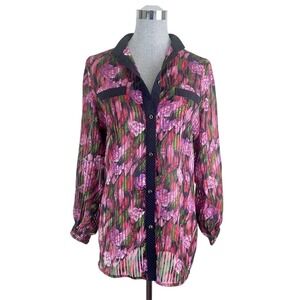 Vintage Diane Tres Polka Dot Sheer Floral Button Down Blouse